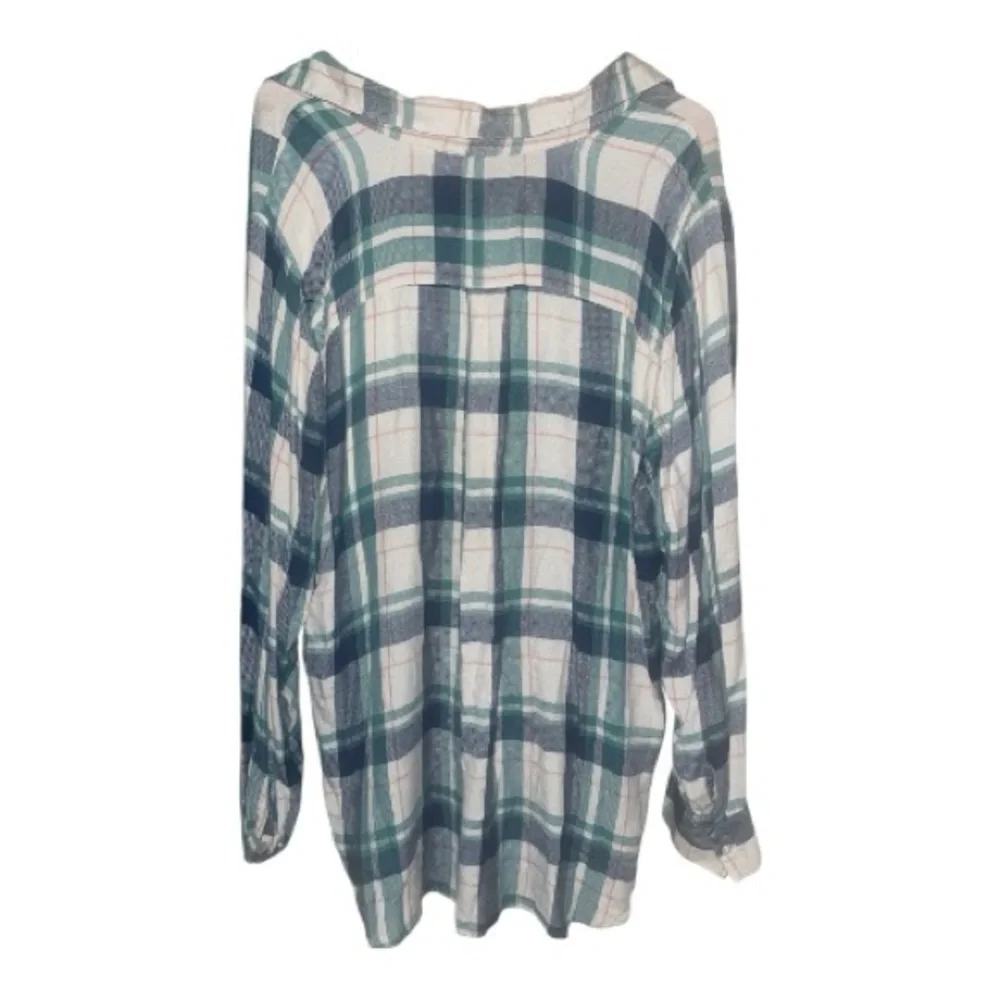 LOFT Teal and White‎ Plaid Button Down Shirt, flannel, xxl - Picture 2 of 3